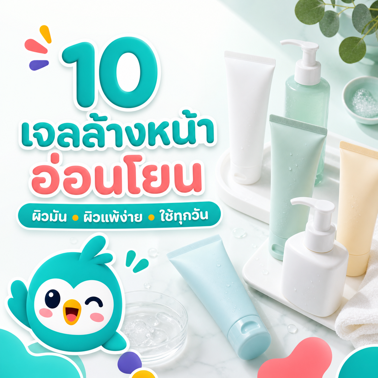 ภาพปกบทความรีวิวเจลล้างหน้าอ่อนโยน มีคลีนเซอร์หลายแบบและมาสคอต Picko